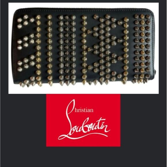 Christian Louboutin PANNETTONE Stud ZIP LONG WALLET BLACK RED SOLE GOLD SILVER - Picture 1 of 10